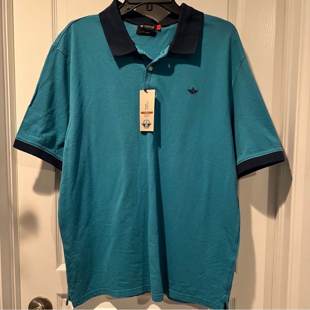 Dockers Slim Fit Polo Shirt XL Teal Navy Moisture Wicking Quick Dry NWT Preppy